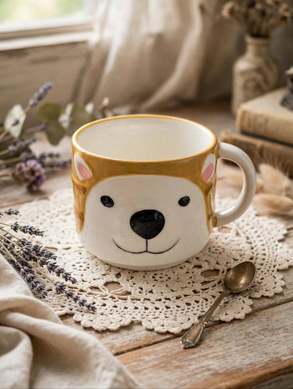 Cute Kawaii Shiba Inu Dog Face Ceramic Mug Wide Soup Cup